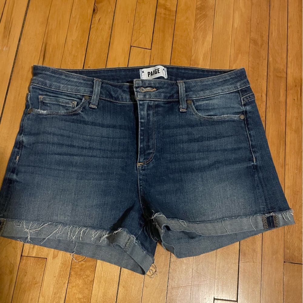 PAIGE Blue Jean Shorts with Mid-Thigh Cut and Clean Hem